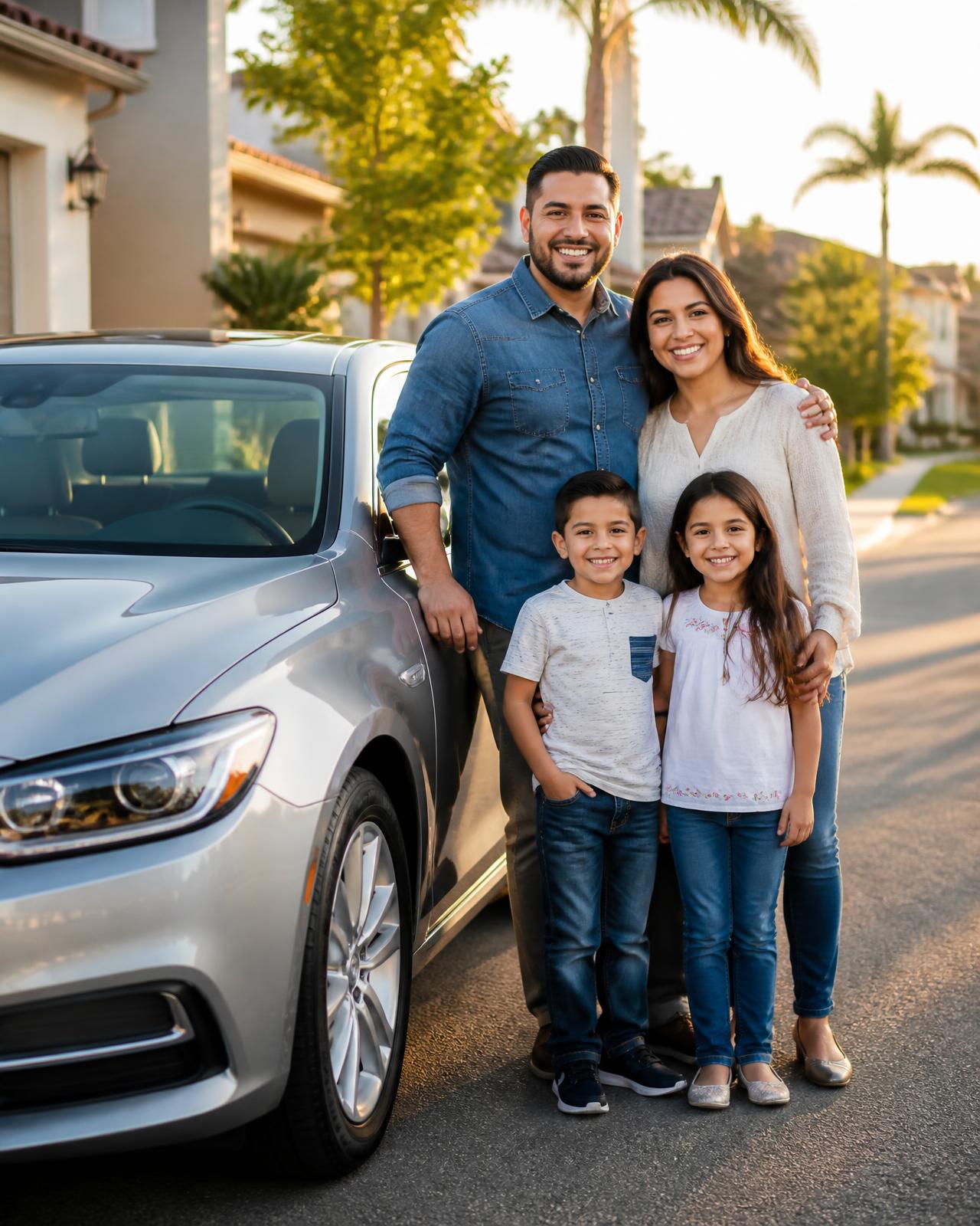 Familia latina sonriendo junto a su auto asegurado